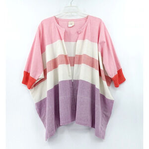Women Open Front Cardigan Topper OS Pink Striped Oversized Resort Vacation
